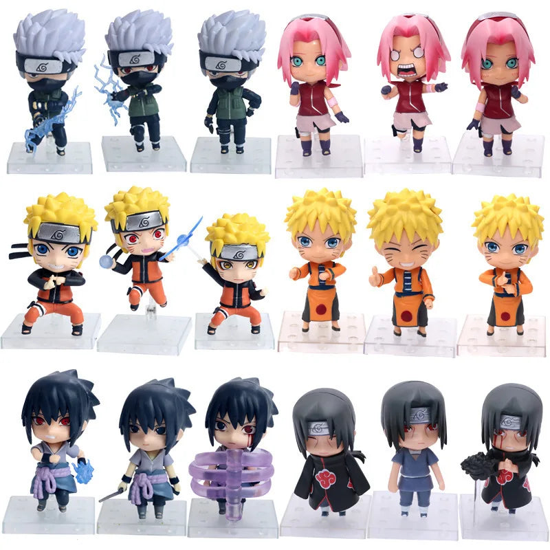 Conjunto colecionável Naruto com 3 figuras de 11cm, perfeitos para fãs adultos e presente ideal para colecionadores.