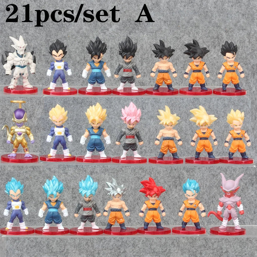 Dragon Ball Mini Figures conjunto com 8 a 21 mini figuras colecionáveis detalhados, ideais para fãs e colecionadores.