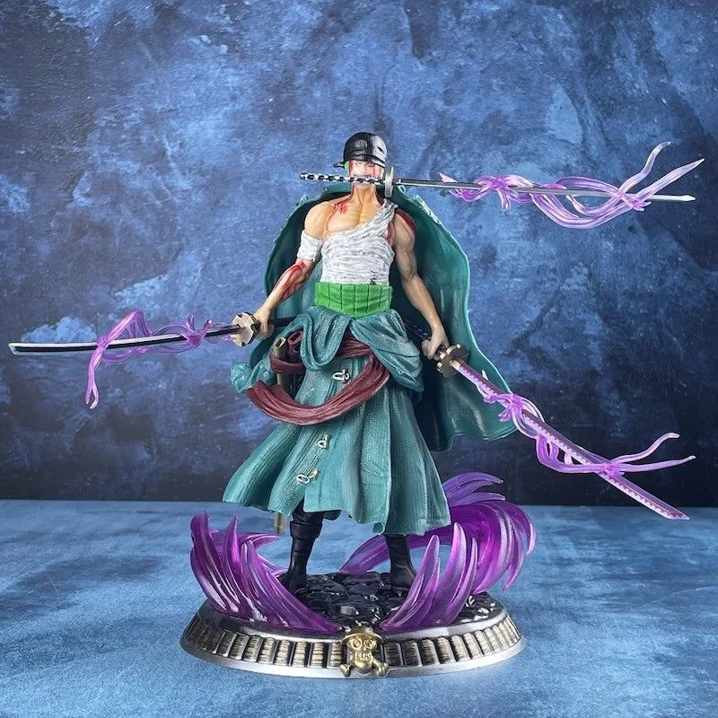 A figura colecionável "Bath Blood Roronoa Zoro" de One Piece mede 21 cm, com detalhes precisos e vibrantes, ideal para coleções.