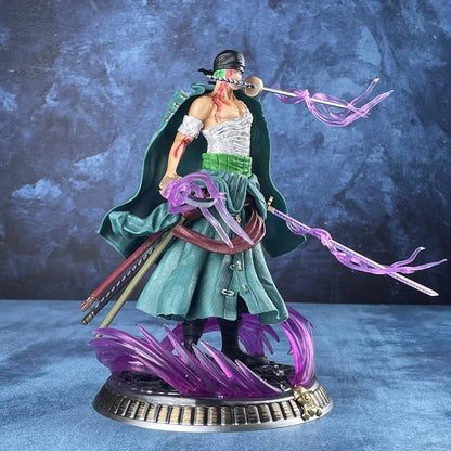 A figura colecionável "Bath Blood Roronoa Zoro" de One Piece mede 21 cm, com detalhes precisos e vibrantes, ideal para coleções.